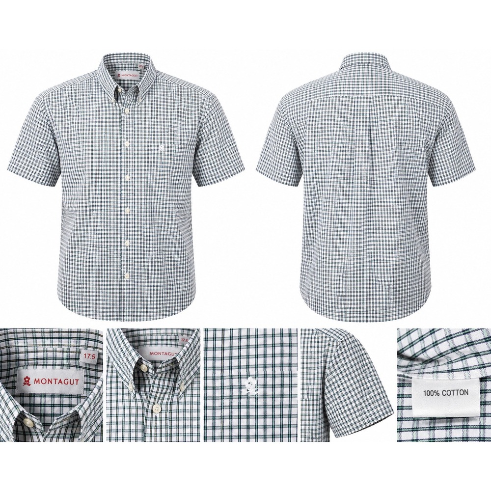 Montagut Mens 17.5 Navy Green Plaid Button Down Shirt Short Sleeve Career Casual